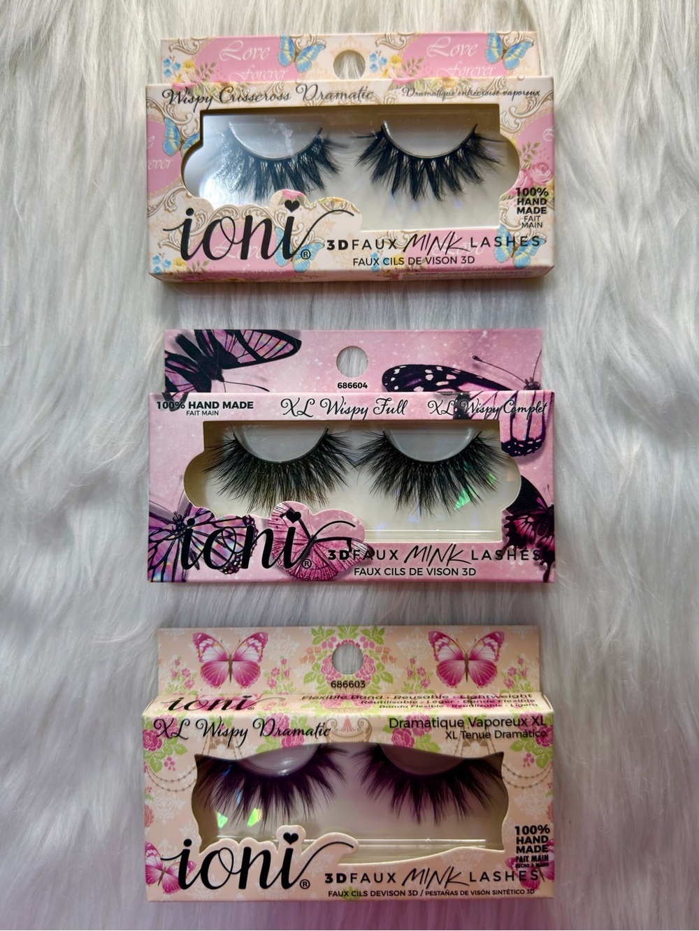 3x loni 3D Faux Mink Wispy Volume Strip Lashes with Soft Clear Band